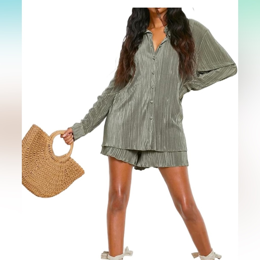 Green Button-Up Shirt and Shorts Set